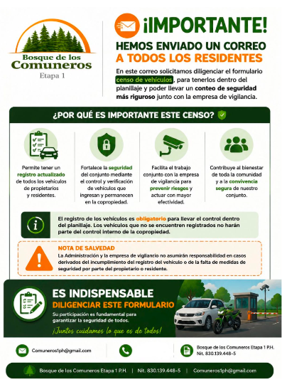 Comunicado sobre el censo obligatorio de vehículos para residentes de Bosque de los Comuneros Etapa 1